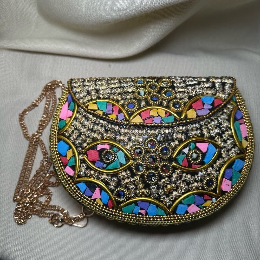 Ramla Rio Handmade Moroccan Mosaic Crossbody Clutch Bag Gold Chain NWOT